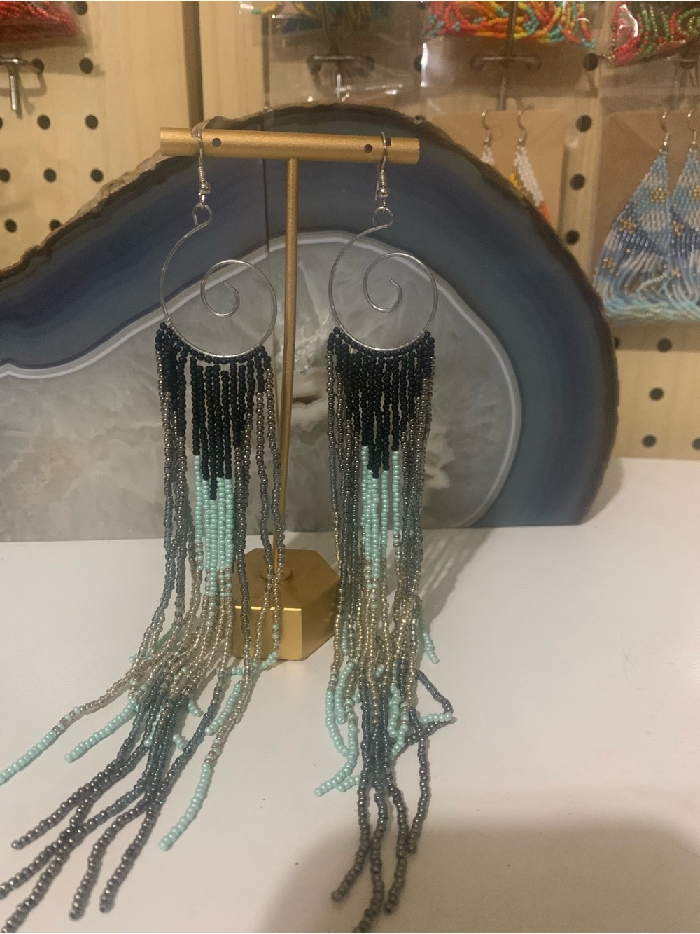 Beaded Fringe Hoop Earrings in Black and Mint with Silver Spiral